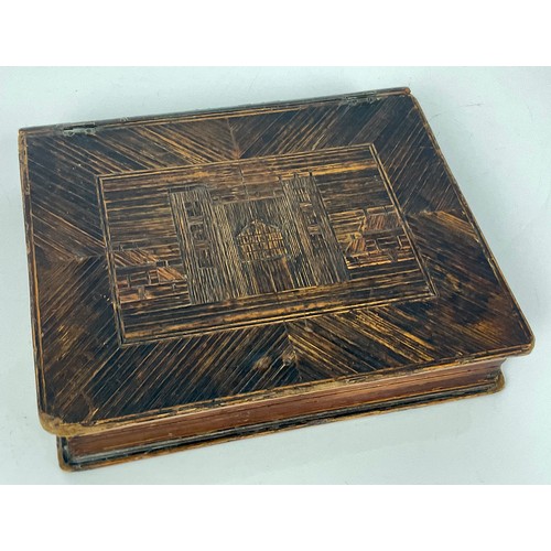 296 - A RARE 19TH CENTURY STRAW WORK BOX OF BOOK FORM DECORATED TO THE INTERIOR WITH COLOURED STREET SCENE... 