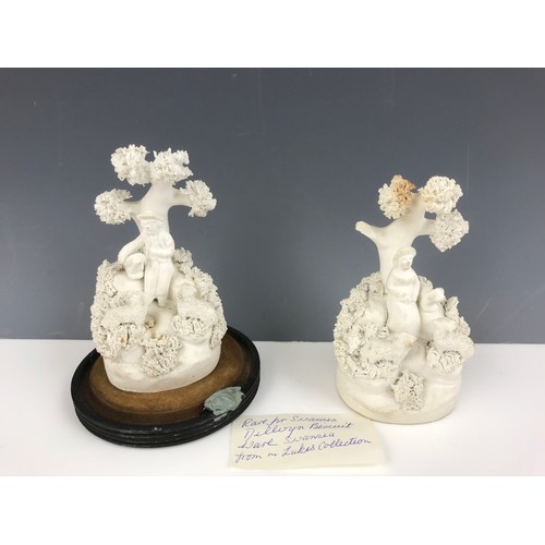 65 - PR. STAFFORDSHIRE STYLE FIGURE STUDIES, BOY AND GIRL, LABELLED ‘RARE SWANSEA DILWYN BISCUIT WARE’, E... 