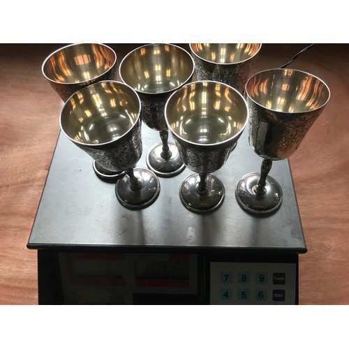 392 - 6 HALLMARKED SILVER GOBLETS WITH ETCHED DECORATION 762g