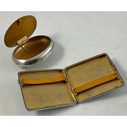 413 - SILVER CIGARETTE CASE WITH ENGINE TURNED ART DECO STYLE DECORATION AND AN OVAL SHAPED SNUFF BOX WITH... 