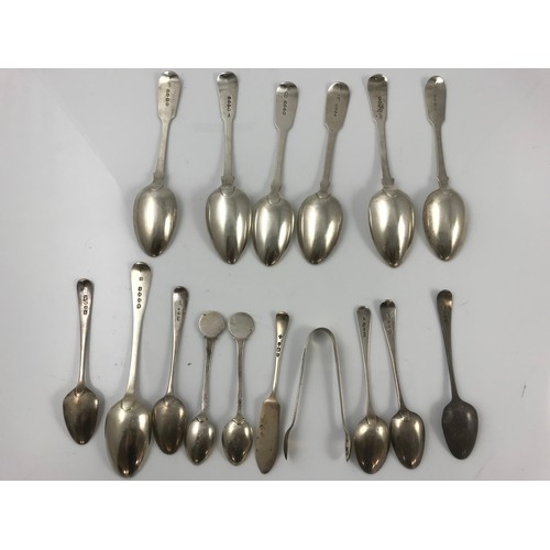 368 - MISC. SILVER SPOONS, TONGS, ETC. APPROXIMATELY 440GMS