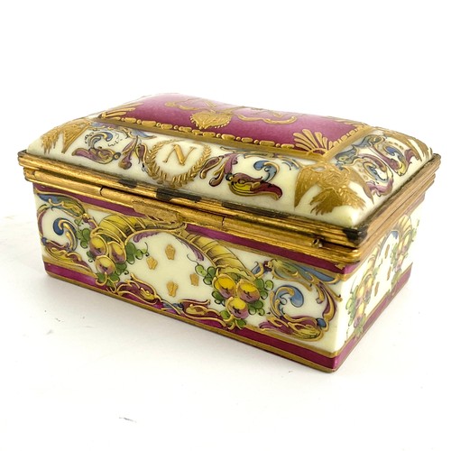 75 - M IMP DE SEVRES GILT METAL MOUNTED PORCELAIN TRINKET BOX, MONGRAMMED TO THE LID NJN, ON A PUCE GROUN... 