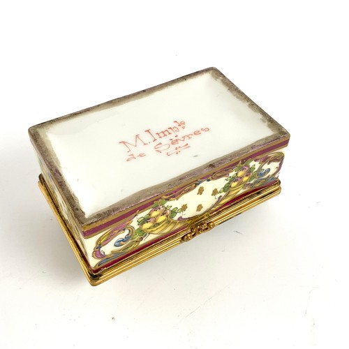 75 - M IMP DE SEVRES GILT METAL MOUNTED PORCELAIN TRINKET BOX, MONGRAMMED TO THE LID NJN, ON A PUCE GROUN... 