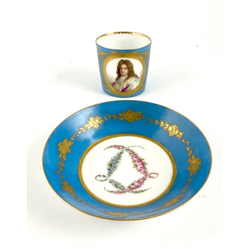 76 - A SEVRES CABINET CUP AND SAUCER, WITH PORTRAIT PANEL TITLED ‘LOUIS XIV’, ON TURQUOISE GROUND WITH GI... 