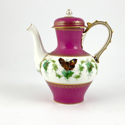 79 - A LATE 19TH CENTURY SEVRES COFFEE POT AND COVER, CIRCA 1868, PAINTED WITH BUTTERFLIES AND IVY AND BE... 