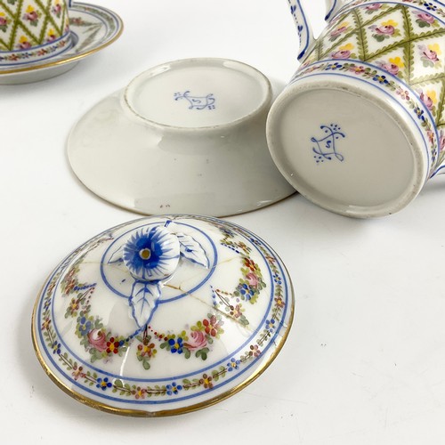 80 - TWO LATE 18TH CENTURY SEVRES STYLE TWIN HANDLED CHOCOLATE CUPS,  COVERS AND STANDS, PAINTED WITH SWA... 