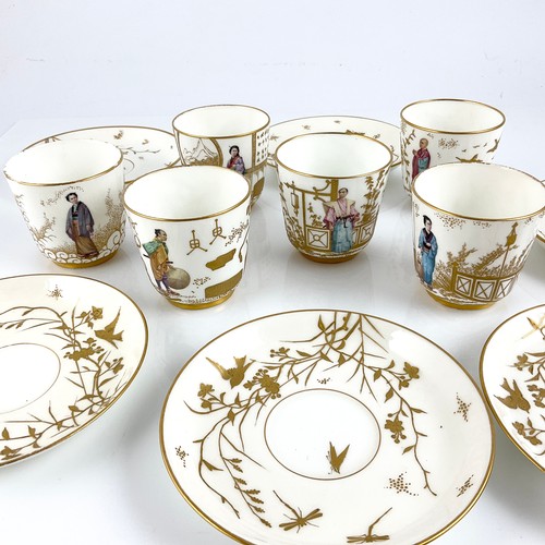 61 - A SET OF SIX MINTON AESTHETIC MOVEMENT, CHINOISERIE DECORATED TEA CUPS AND SAUCERS, EACH INDIVIDUALL... 