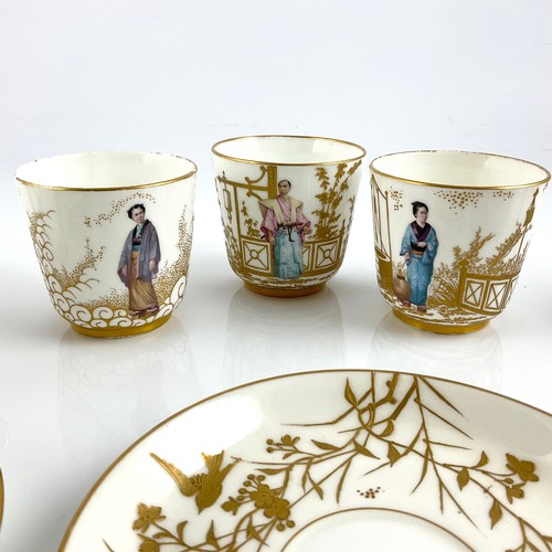 61 - A SET OF SIX MINTON AESTHETIC MOVEMENT, CHINOISERIE DECORATED TEA CUPS AND SAUCERS, EACH INDIVIDUALL... 