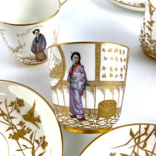 61 - A SET OF SIX MINTON AESTHETIC MOVEMENT, CHINOISERIE DECORATED TEA CUPS AND SAUCERS, EACH INDIVIDUALL... 