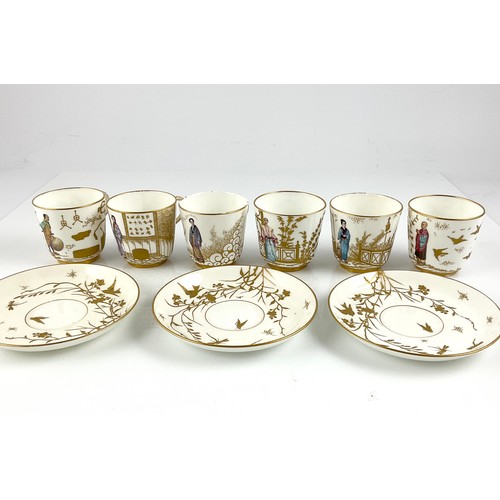 61 - A SET OF SIX MINTON AESTHETIC MOVEMENT, CHINOISERIE DECORATED TEA CUPS AND SAUCERS, EACH INDIVIDUALL... 