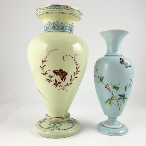 105 - A 19TH CENTURY BOHEMIAN OPAQUE PALE LIME GLASS VASE, INVERSE BALUSTER FORM PAINTED WITH A MAGPIE PER... 