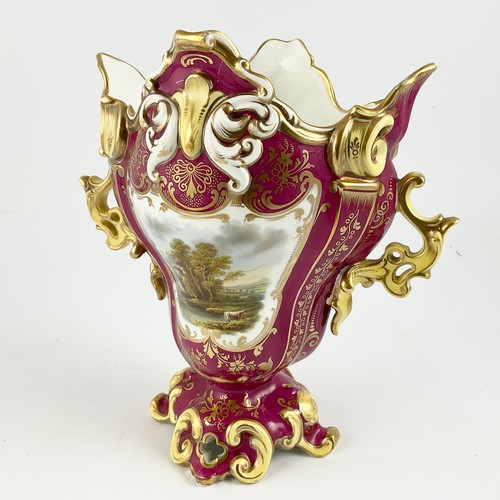 62 - A LATE 19TH CENTURY TWIN HANDLED VASE, FLARED QUARTER LOBED FORM, DECORATED WITH ENGLISH LANDSCAPE S... 