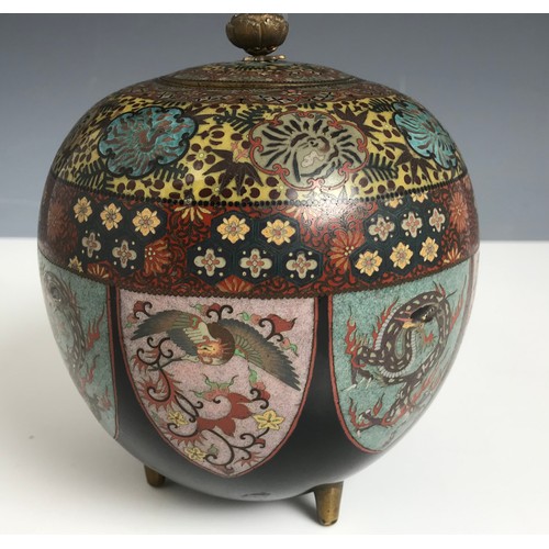 324 - JAPANESE CLOISONNE GLOBE SHAPED POT AND COVER HAVING PHOENIX AND SNAKE PANEL DECORATION POSSIBLE MEI... 