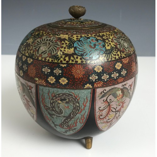 324 - JAPANESE CLOISONNE GLOBE SHAPED POT AND COVER HAVING PHOENIX AND SNAKE PANEL DECORATION POSSIBLE MEI... 