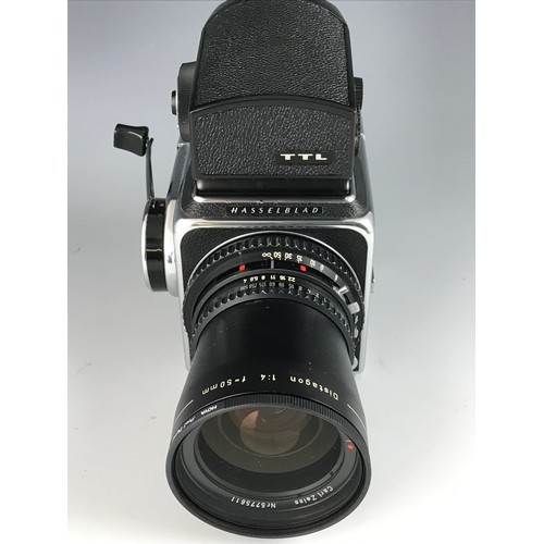 256 - HASSELBLAD  CAMERA  500C.  C/W EYE LEVEL FINDER AND WITH TTL LIGHT METER.  A12 BACK.  FITTED WITH f=... 