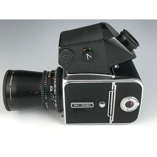 256 - HASSELBLAD  CAMERA  500C.  C/W EYE LEVEL FINDER AND WITH TTL LIGHT METER.  A12 BACK.  FITTED WITH f=... 