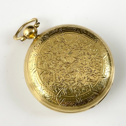 521 - 18CT GOLD OPEN FACED POCKET WATCH HAVING ENAMELLED DIAL SUBSIDIARY SECONDS AND CHASED DECORATION TO ... 