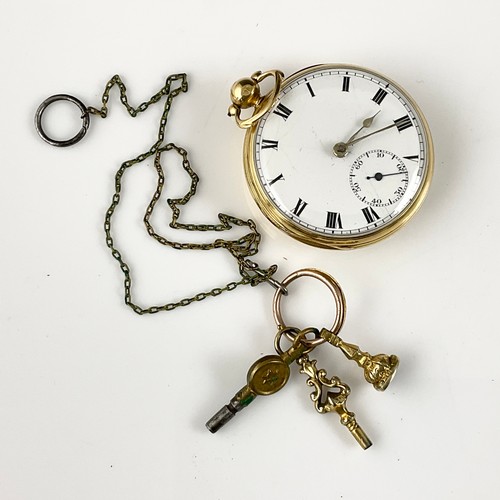 521 - 18CT GOLD OPEN FACED POCKET WATCH HAVING ENAMELLED DIAL SUBSIDIARY SECONDS AND CHASED DECORATION TO ... 