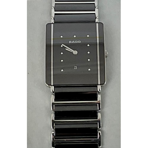 497 - GENT’S RADO BLACK FACE ON STAINLESS STEEL DRESS WRIST WATCH WITH ORIGINAL BOX AND PAPERWORK