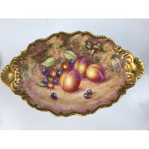 46 - ROYAL WORCESTER PEDESTAL OVAL BOWL DECORATED WITH HAND PAINTED FRUIT SIGNED FREEMAN 30.5cm