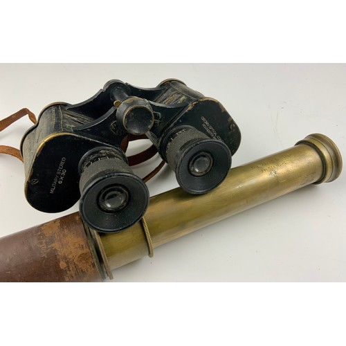 202 - J.H. STEWARD, LONDON, LEATHER AND BRASS 2 DRAWER SPOTTER TELESCOPE AND PR. ‘MILITARY STEREO’ BINOCUL... 