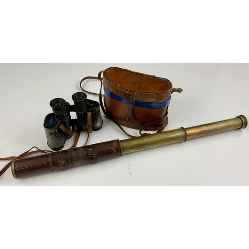 202 - J.H. STEWARD, LONDON, LEATHER AND BRASS 2 DRAWER SPOTTER TELESCOPE AND PR. ‘MILITARY STEREO’ BINOCUL... 