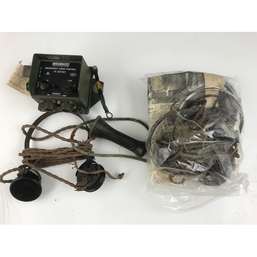 208 - MILITARIA, INC. VARIOUS RADIo HEADSETS AND A ROYAL ORDNANCE EMERGENCY CREW CONTROL BOX, PURPOSE UNKN... 