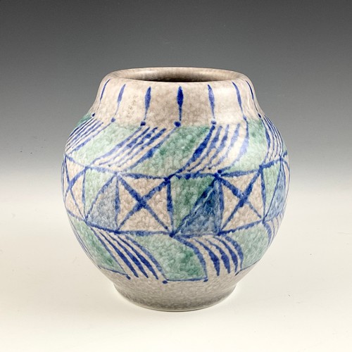 57 - GLADYS ROGERS & EDWARD THOMAS RADFORD, A ROYAL LANCASTRIAN VASE, GLOBULAR FORM WITH GEOMETRIC BLUE A... 