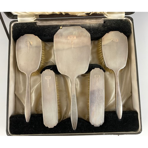 428 - SILVER BACK ART DECO DRESSING TABLE SET WITH MONOGRAM IN PRESENTATION CASE