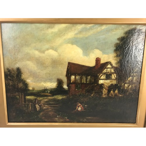 4 - OIL ON CANVAS DEPICTING HALF TIMBERED HOUSE AND FIGURES, INDISTINCT SIGNATURE, APPROX. 43 X 34 cm