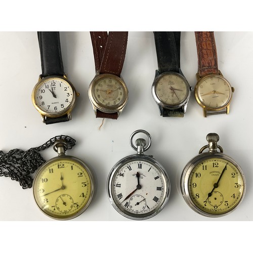 520 - 3 OPEN FACE POCKET WATCHES TOGETHER WITH 4 GENTS VINTAGE WRIST WATCHES