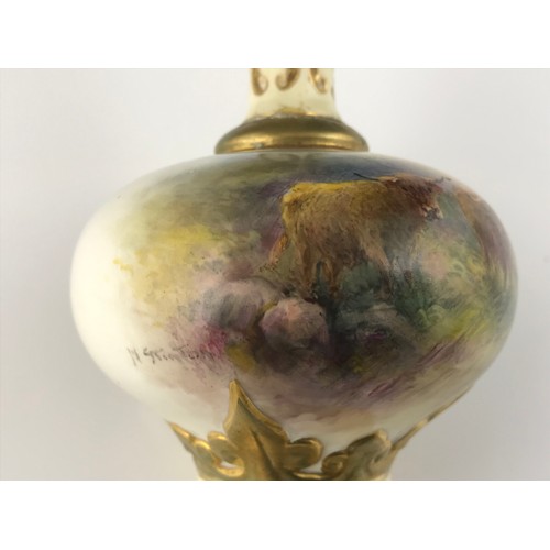 43 - ROYAL WORCESTER PORCELAIN VASE HAND PAINTED WITH HIGHLAND CATTLE SIGNED HARRY STINTON SHAPE NO. F111... 