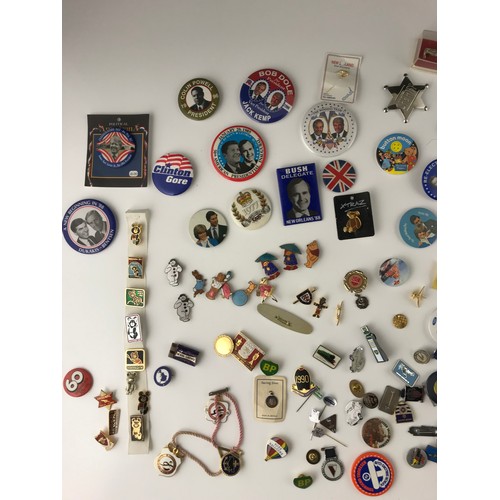 301 - INTRESTING COLLECTION OF LAPEL & PIN BAGES INC VINTAGE BEATRIX POTTER, POLITICAL, TRANSPORT ETC