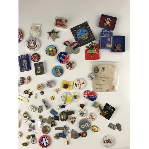 301 - INTRESTING COLLECTION OF LAPEL & PIN BAGES INC VINTAGE BEATRIX POTTER, POLITICAL, TRANSPORT ETC