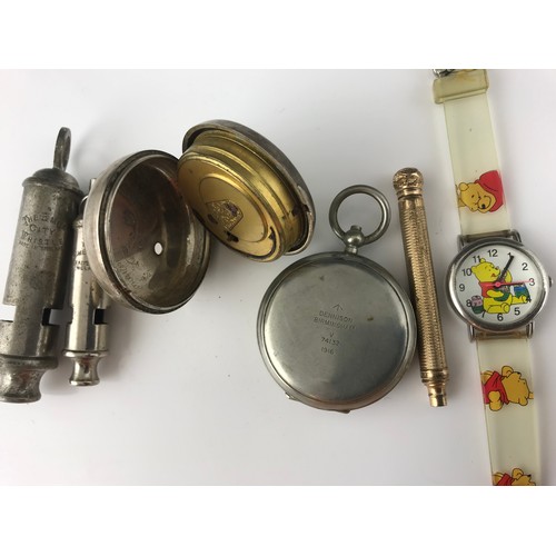 514 - SILVER POCKET WATCH, MILITARY DENNISON WATCH CASE, WHISTLES, GILT METAL PENCIL ETC