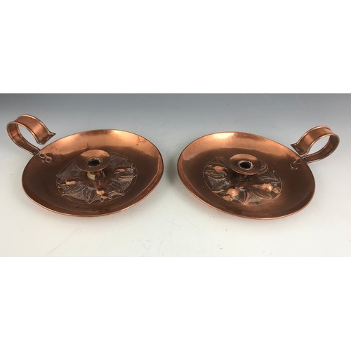 302 - PAIR OF COPPER CHAMBERSTICKS RELIEF DECORATED WITH BATS POSSIBLY KESWICK SCHOOL OF INDUSTRIAL ARTS 2... 