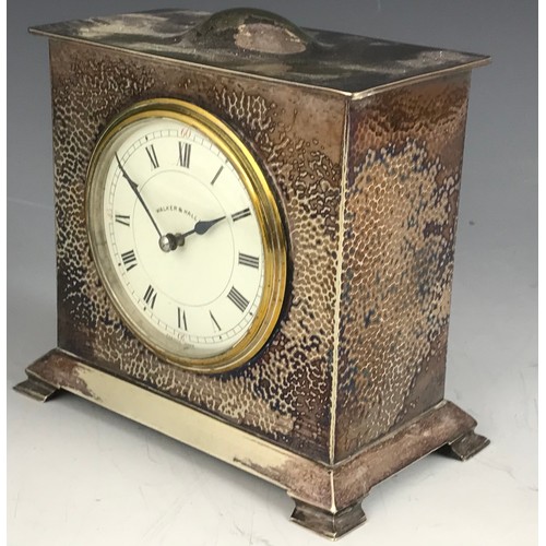 434 - WALKER & HALL PLANISHED SILVER PLATED MANTLE CLOCK 16cm TALL