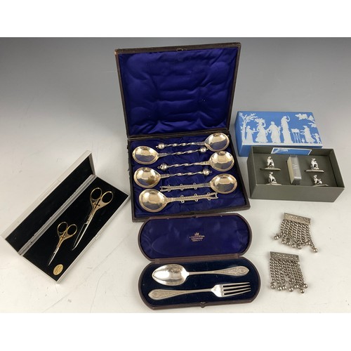 344 - MISC. ITEMS INC. PR. PLATED EPAULETTES, BOXED SET OF WEDGWOOD SILVER PLATED CAT MENU HOLDERS, CASED ... 