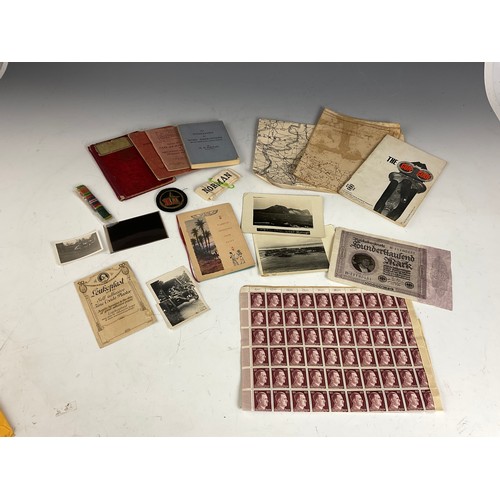 226 - MISC. MILITARY WWII RELATED EPHEMERA INC. EGYPT CAMPAIGN, GERMAN ITEMS INCLUDING STAMPS DEPICTING AD... 