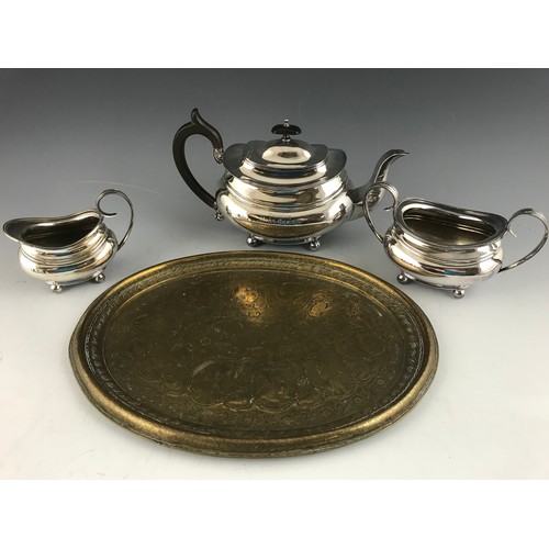 342 - RETRO SONA OF STRATFORD ON AVON TEA SET ON TRAY AND A SILVER PLATED 3 PIECE TEA SET ON BRASS TRAY