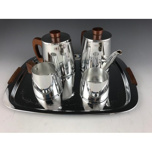 342 - RETRO SONA OF STRATFORD ON AVON TEA SET ON TRAY AND A SILVER PLATED 3 PIECE TEA SET ON BRASS TRAY