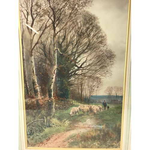 24 - HENRY CHARLES FOX  RBA  (1855 TO 1929) FARMER WITH HIS FLOCK COUNTRY SCENE 53CM X 35 IN GILT FRME WA... 