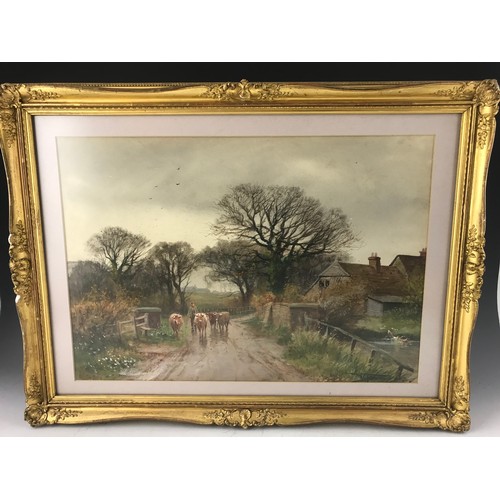 23 - HENRY CHARLES FOX  RBA  (1855 TO 1929) COWMAM  WITH CATTLE ON A FARM LANE  54CM X 37 IN GILT FRME WA... 