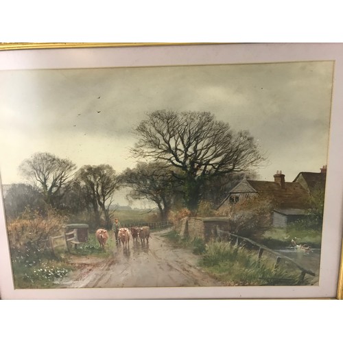 23 - HENRY CHARLES FOX  RBA  (1855 TO 1929) COWMAM  WITH CATTLE ON A FARM LANE  54CM X 37 IN GILT FRME WA... 