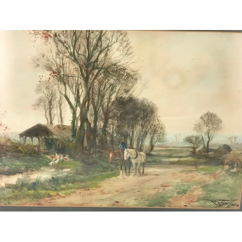 22 - HENRY CHARLES FOX  RBA  (1855 - 1929 FARMER RIDING & LEADING  50CM X 34CM IN GILT FRME WATERCOLOUR D... 