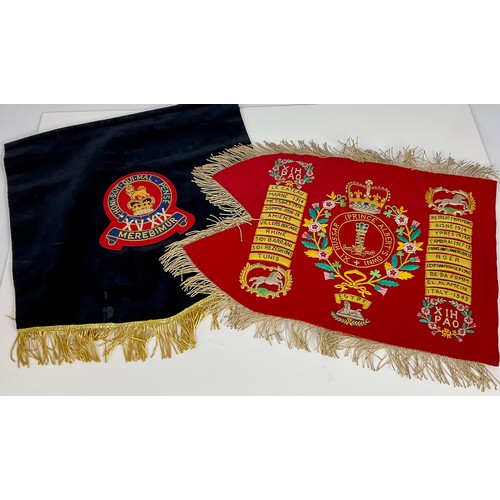 221 - 2 EMBROIDERED MILITARY BANNERS, ONE WITH CREST, THE OTHER WITH PRINCE ALBERT’S OWN HUSSARS BATTLE HO... 