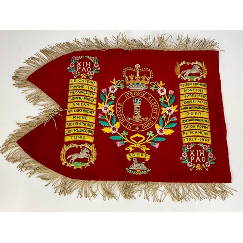 221 - 2 EMBROIDERED MILITARY BANNERS, ONE WITH CREST, THE OTHER WITH PRINCE ALBERT’S OWN HUSSARS BATTLE HO... 