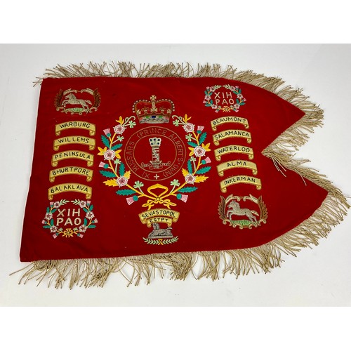 221 - 2 EMBROIDERED MILITARY BANNERS, ONE WITH CREST, THE OTHER WITH PRINCE ALBERT’S OWN HUSSARS BATTLE HO... 