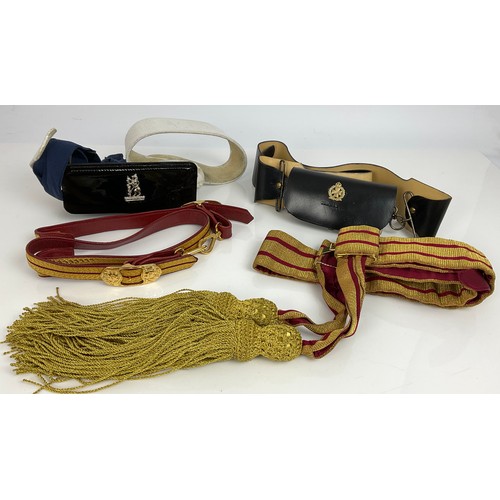 191 - VARIOUS MILITARY BELTS, SOME WITH EMBROIDERED/ BRAID DECORATION AND A POUCHES ( 2 BOXES)