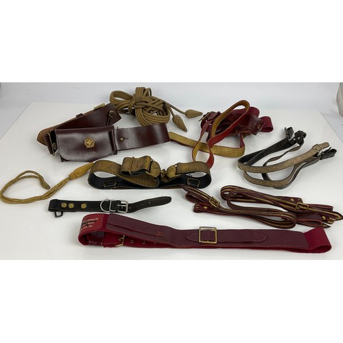 191 - VARIOUS MILITARY BELTS, SOME WITH EMBROIDERED/ BRAID DECORATION AND A POUCHES ( 2 BOXES)